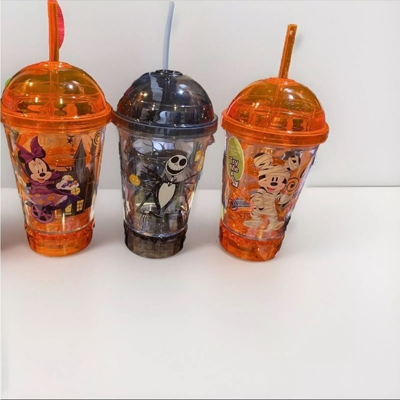 Disney Other - 3 Disney Mickey & Minnie Jack Skellington Light Up Flashing Dome Top Cup & Straw